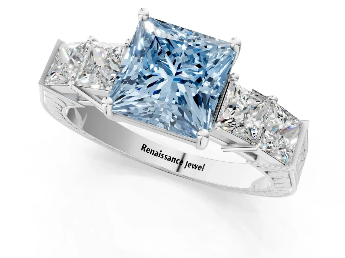 Fancy Blue Princess Cut Solitaire Princess Side Stone Engraved Band Prong Setting Ring Silver