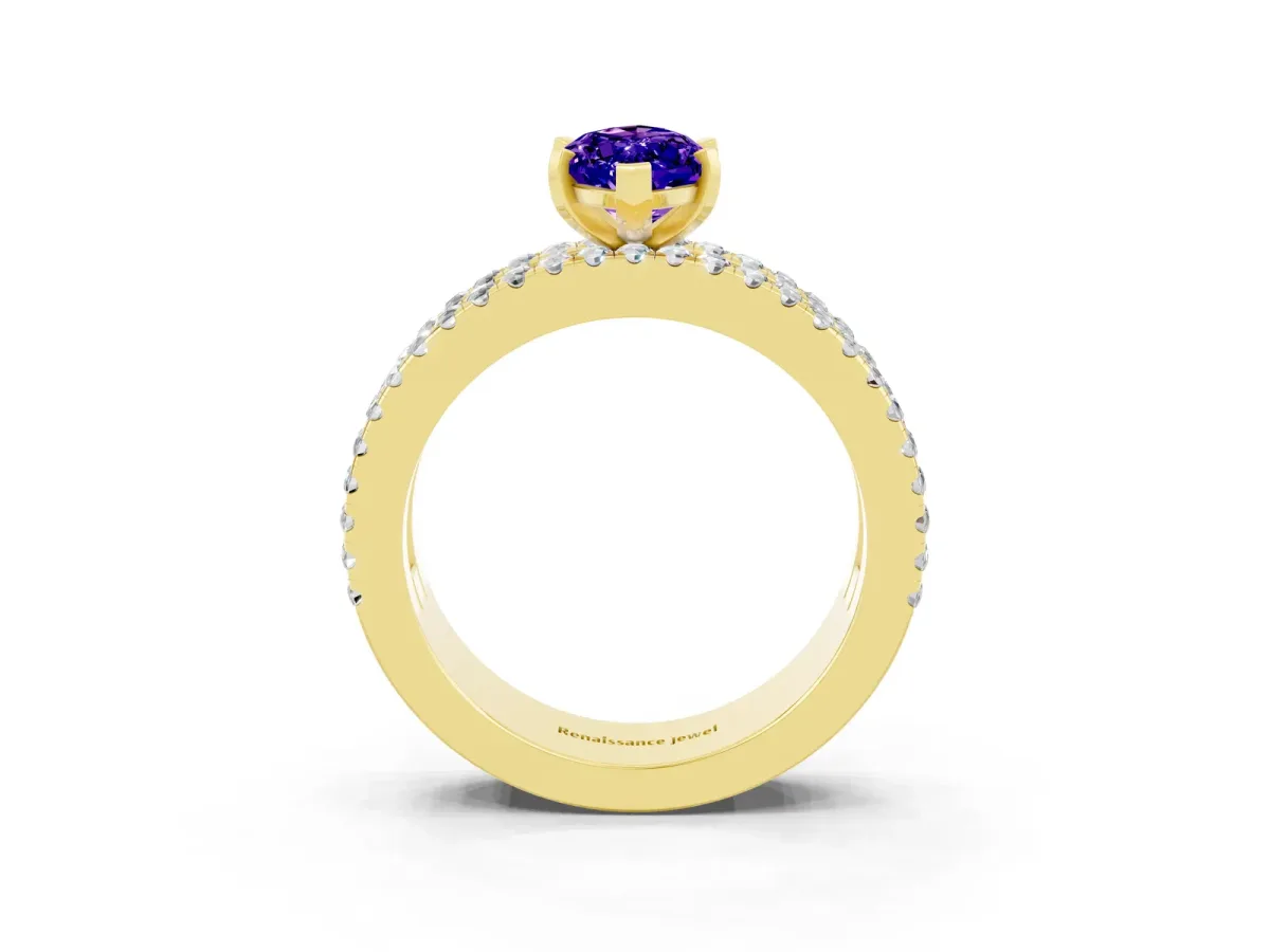 Marquise Cut Tanzanite Solitaire Ring with Pavé and Channel Set Band Yellow gold