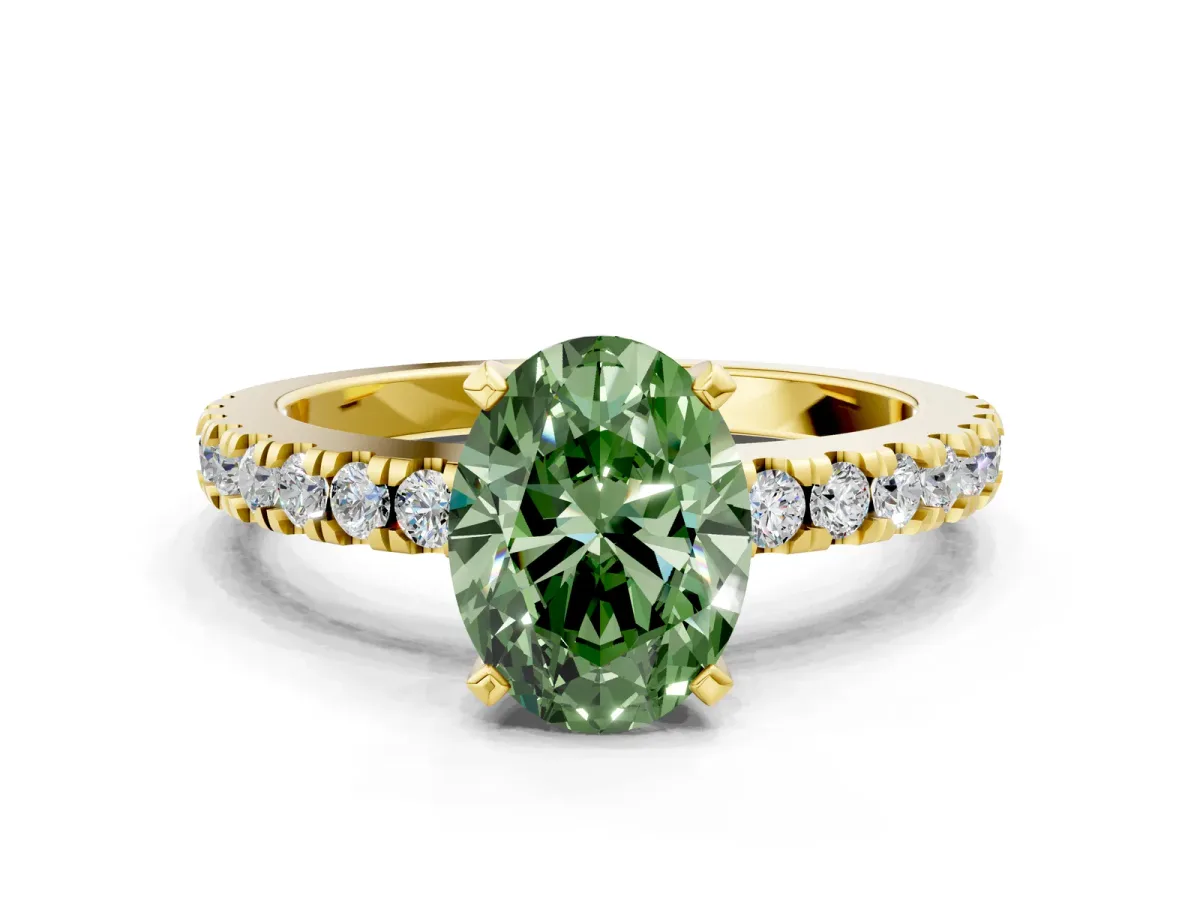 Fancy Green Oval Cut Solitaire Diamond with Pavé Band and Four-Prong Setting Yellow gold