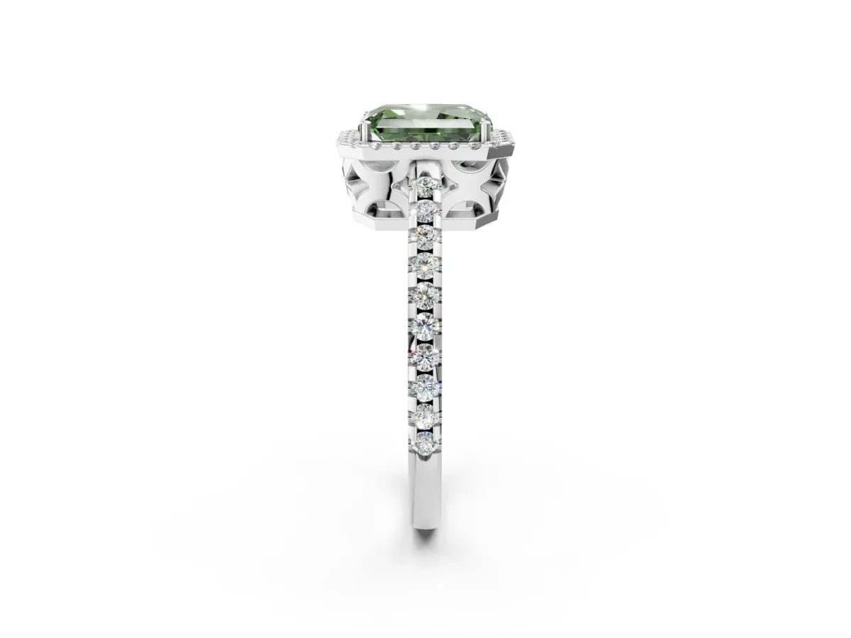 Fancy Green Radiant Cut Diamond Halo Engagement Ring with Pavé Band and Prong Setting Platinum