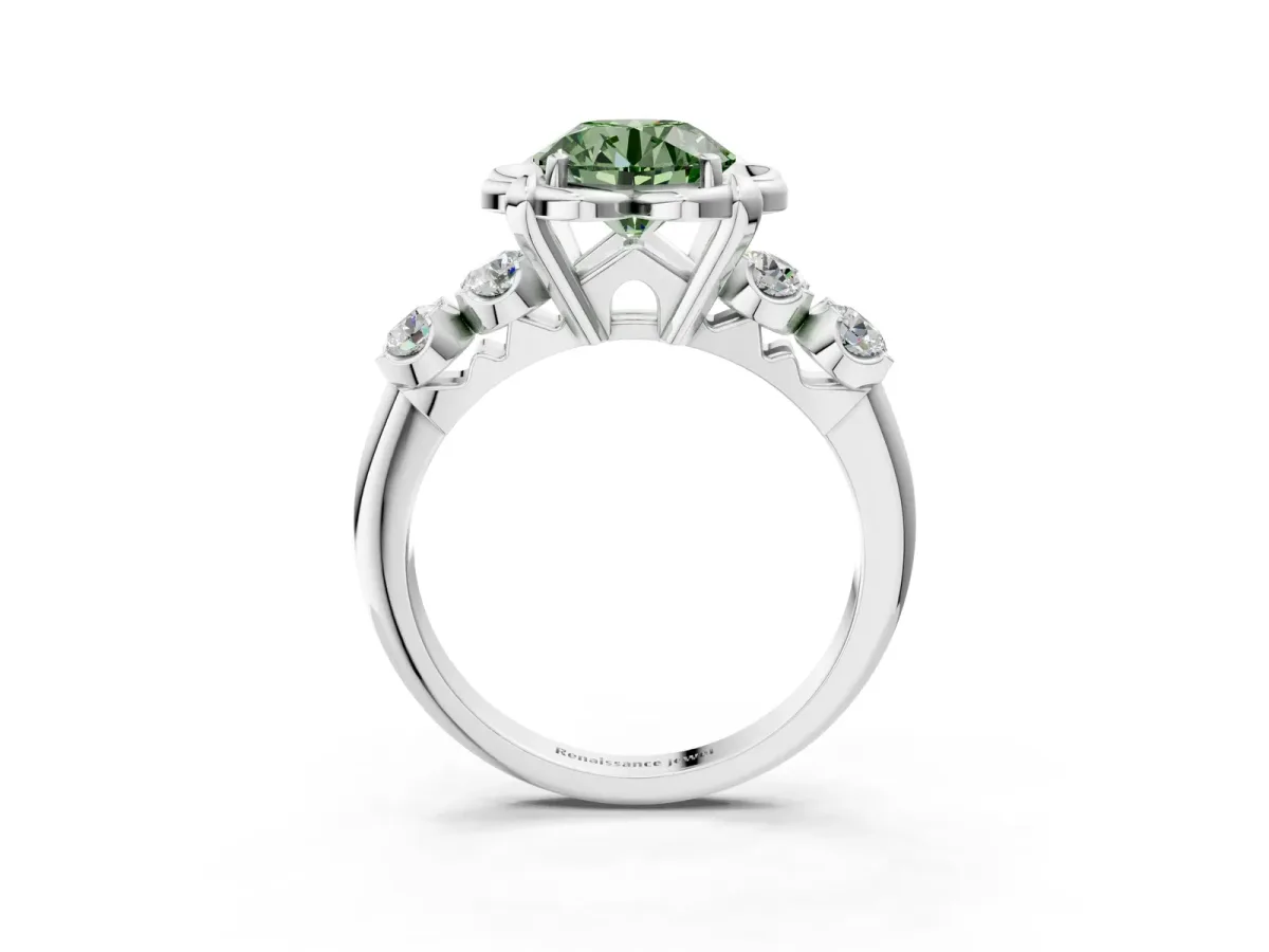 Fancy Green Round Cut Cut Diamond Floral Halo Engagement Ring with Shared Prong Setting Silver