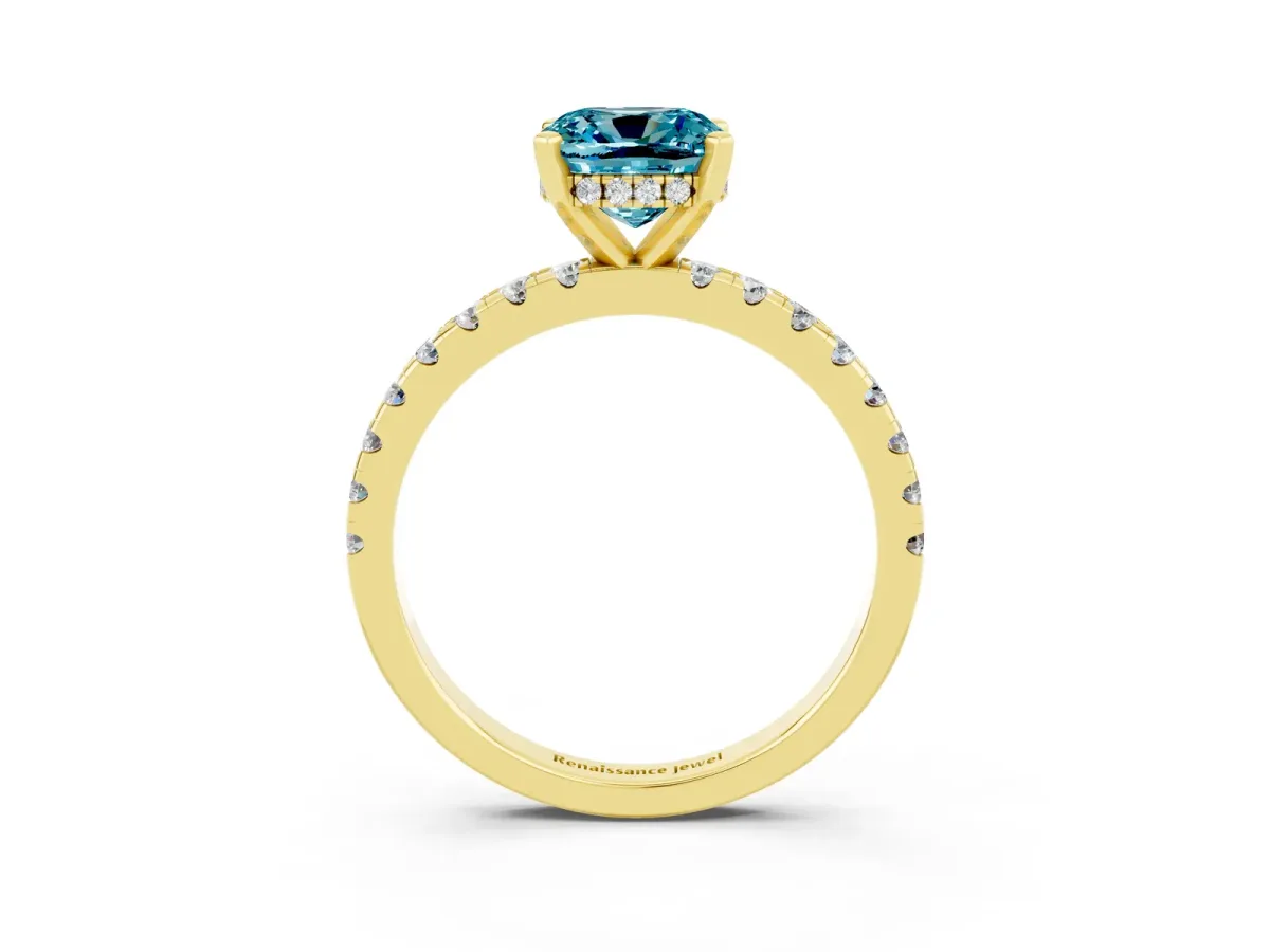 Cushion Cut Blue Topaz Solitaire Ring with Round Pavé Band and Four-Prong Setting Yellow gold