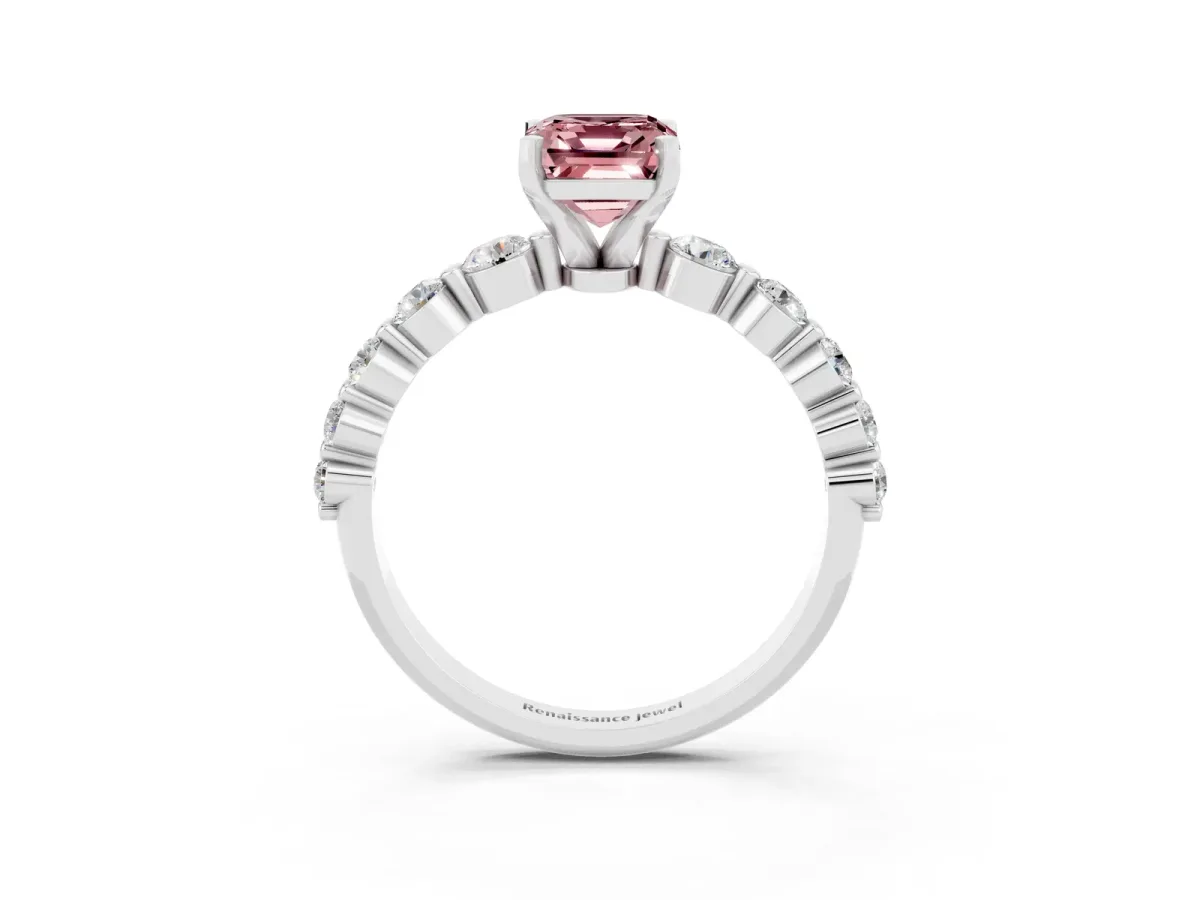 Emerald Cut Solitaire Morganite Ring with Pave Band and Four-Prong Setting Platinum