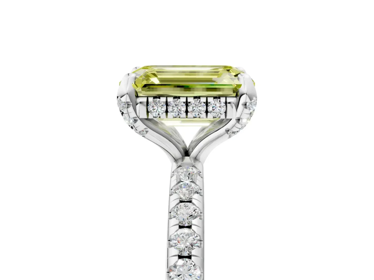 Fancy Yellow Emerald Cut Diamond Hidden Halo Engagement Ring with Round Pavé Band and Prong Setting Silver