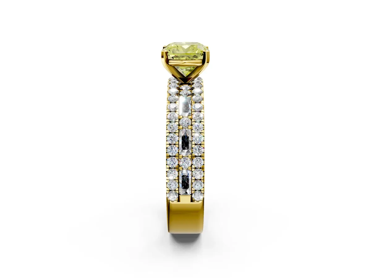 Fancy Yellow Cushion Cut Diamond Solitaire Ring with Pavé and Channel Set Band Yellow gold