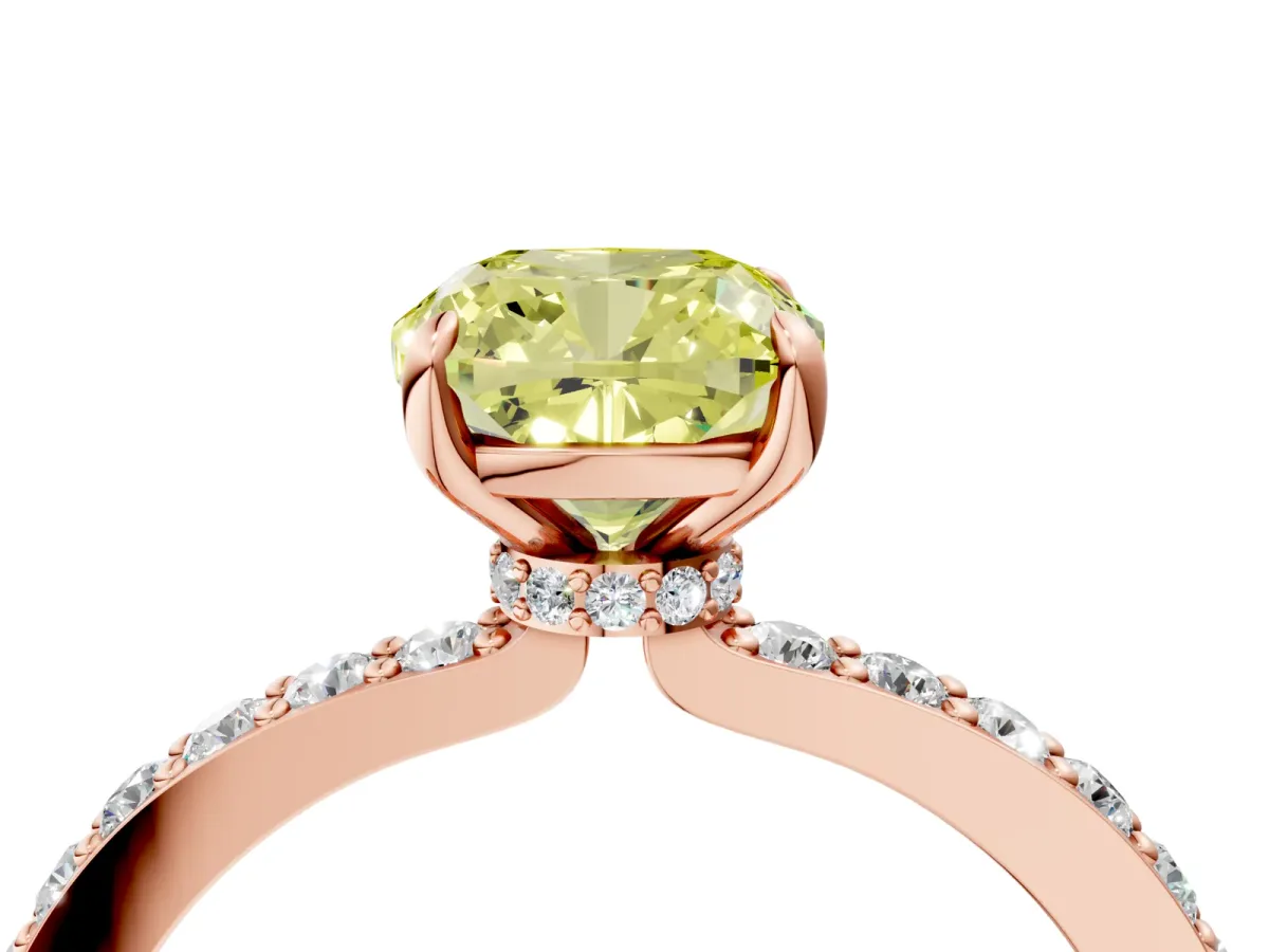 Fancy Yellow Cushion Cut Diamond Solitaire Engagement Ring with Pavé Band and Four-Prong Setting Rose gold
