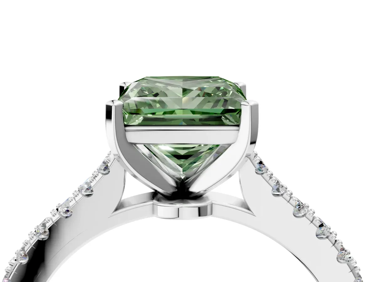 Fancy Green Princess Cut Cut Solitaire Diamond Engagement Ring with Pave Band and Four-Prong Setting White gold