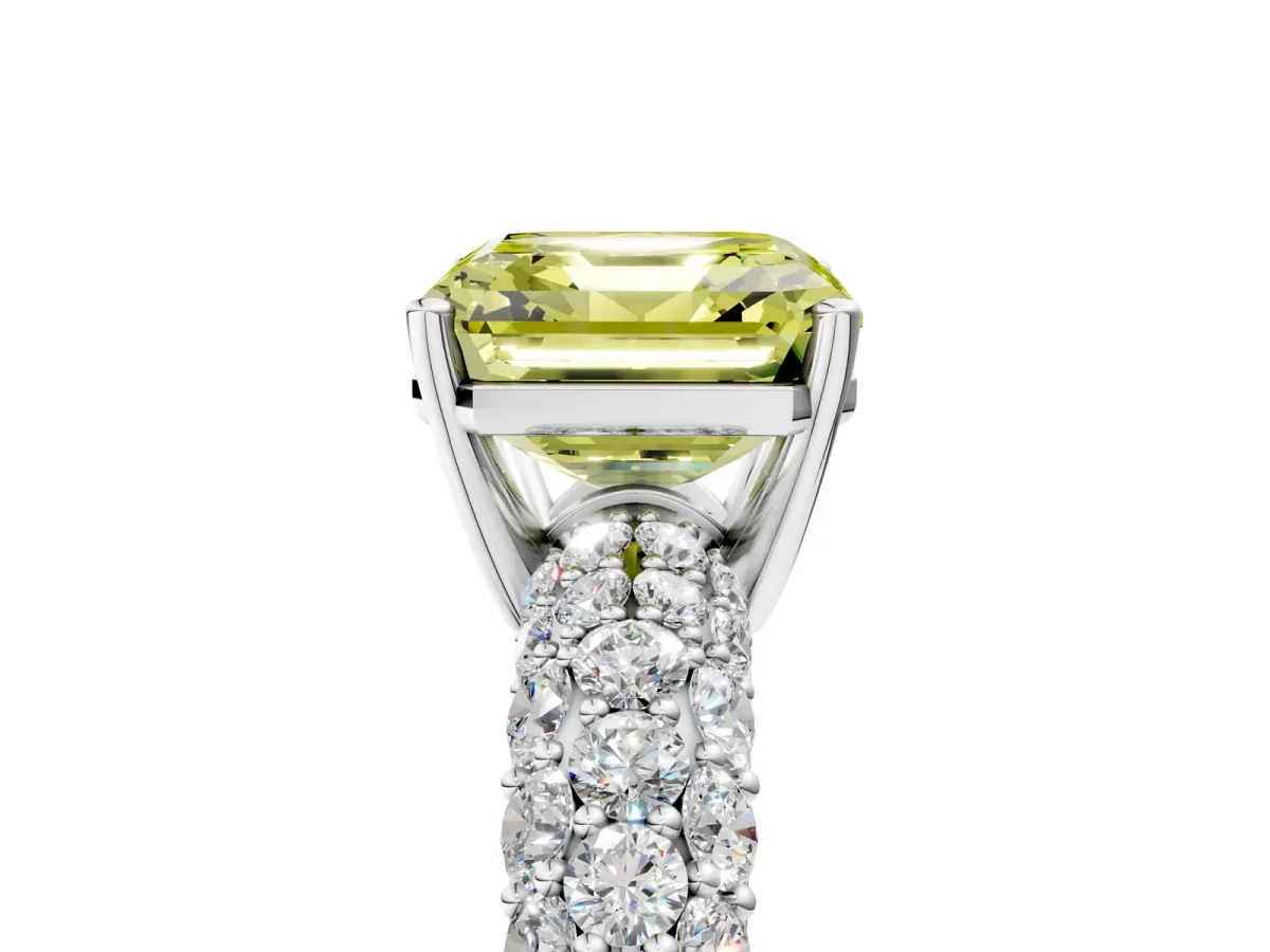 Fancy Yellow Asscher Cut Diamond Pavé Band Solitaire Ring with Four-Prong Setting Platinum