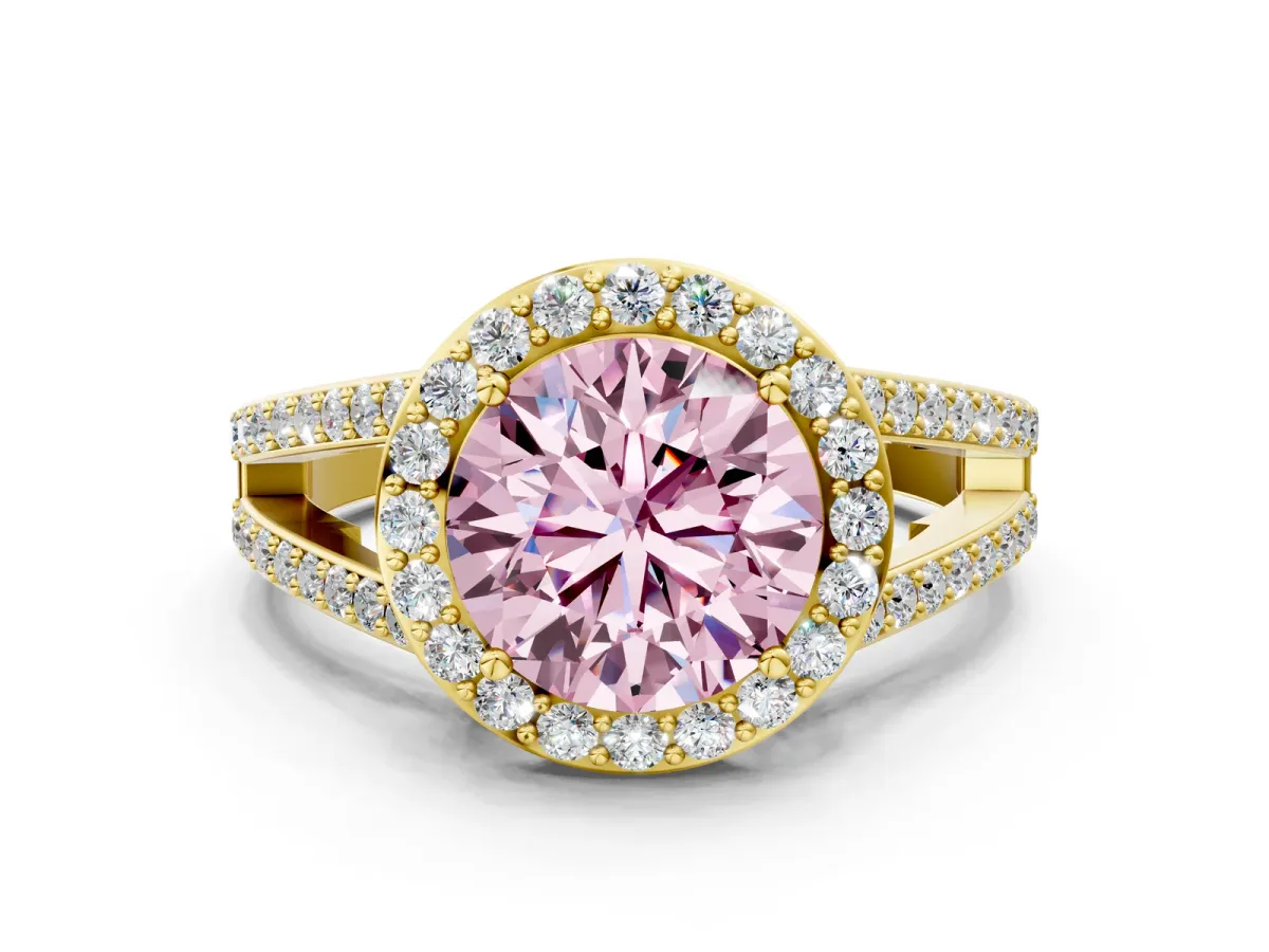 Fancy Pink Round Cut Diamond Halo Ring with Split Shank U-Prong Band and Four-Prong Setting Yellow gold