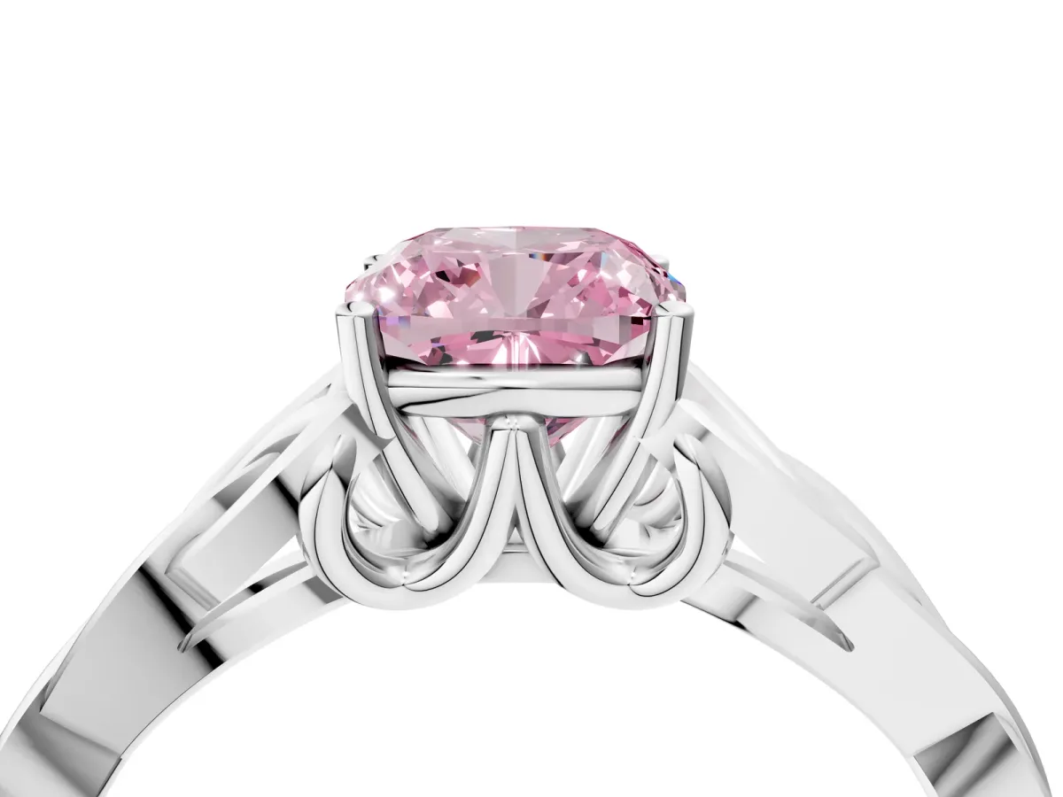Fancy Pink Cushion Cut Diamond Solitaire Engagement Ring with Celtic Knot Band and Four-Prong Setting White gold