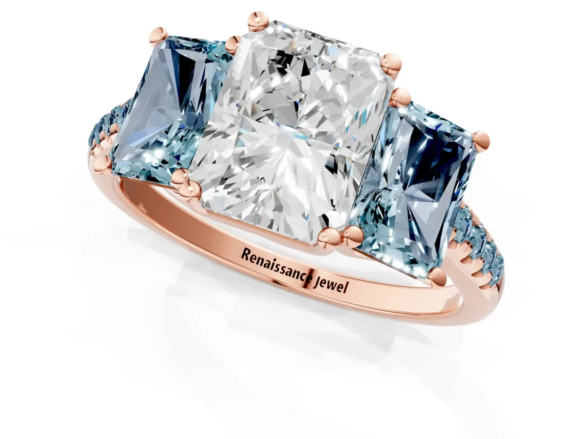 Three-Stone Radiant Cut Diamond Ring with Round Aquamarine Pavé Band and Prong Setting Rose gold