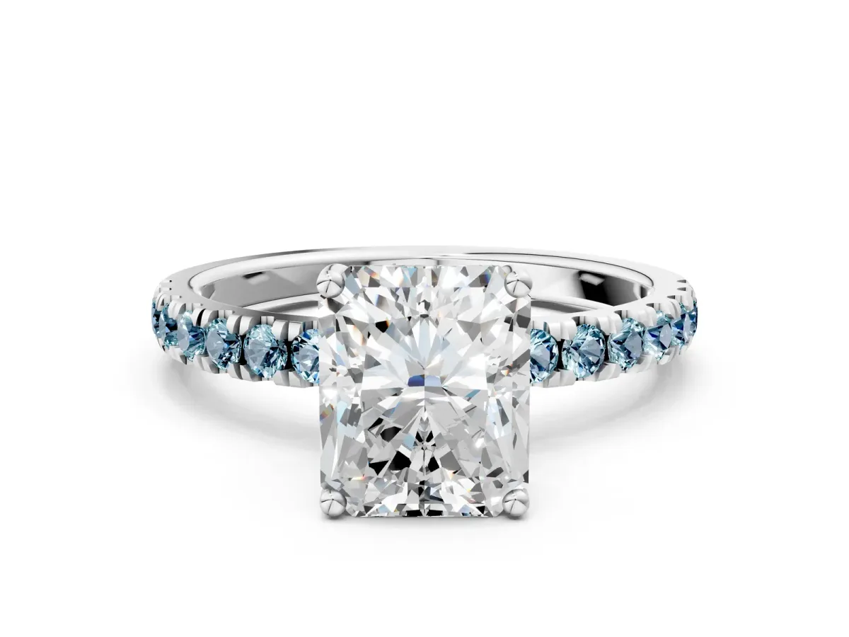 Radiant Cut Diamond Pave Band Solitaire Ring with Round Aquamarine and Prong Setting White gold
