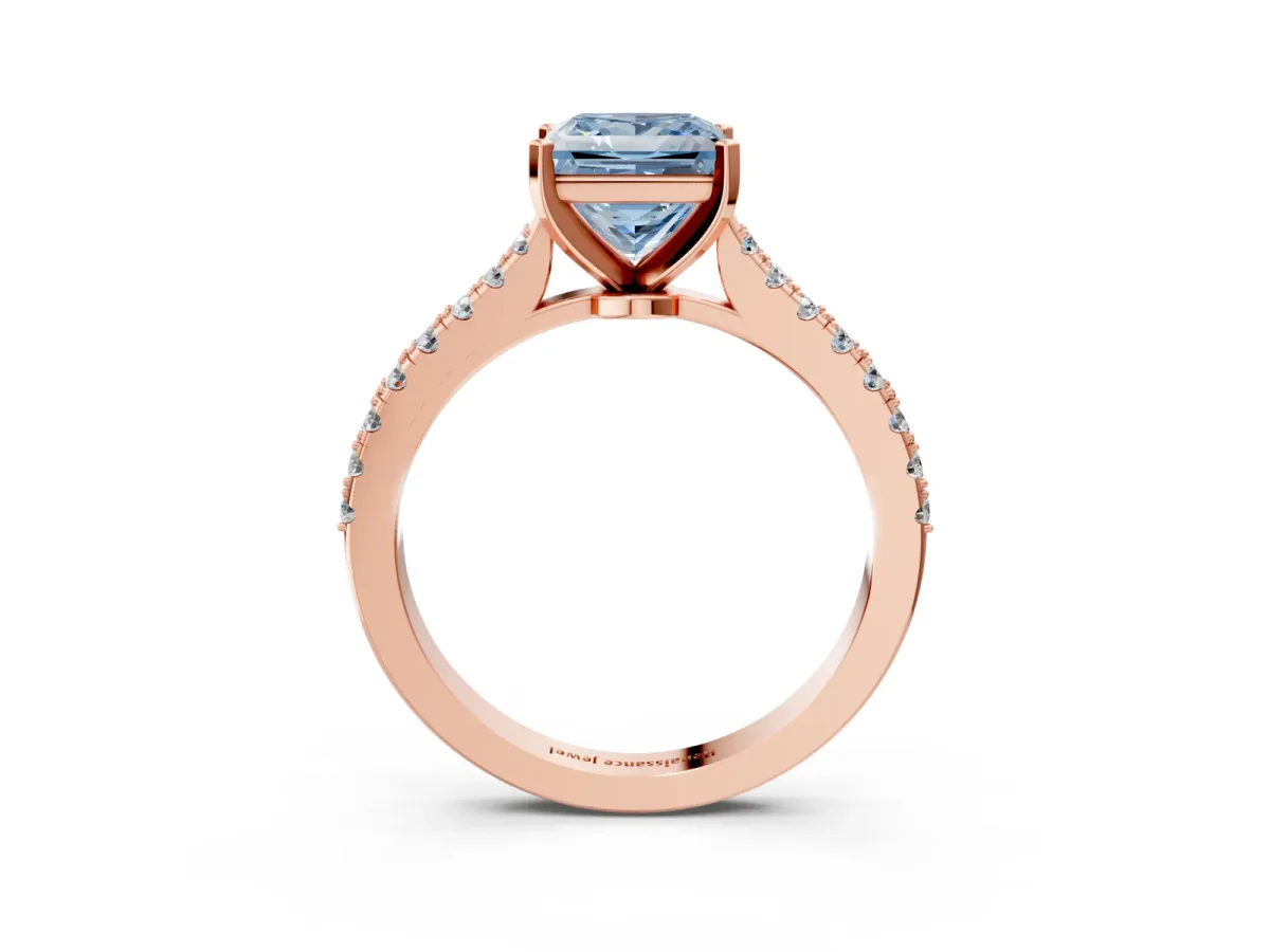 Fancy Blue Princess Cut Cut Solitaire Diamond Engagement Ring with Pave Band and Four-Prong Setting Rose gold