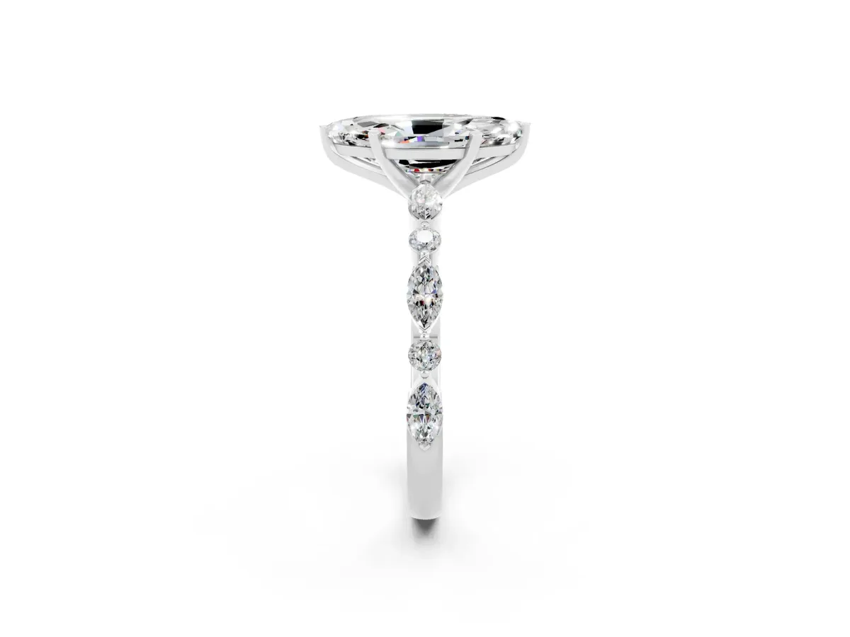 Marquise Cut Moissanite Ring with Marquise and Round Side Stones and Four-Prong Setting White gold