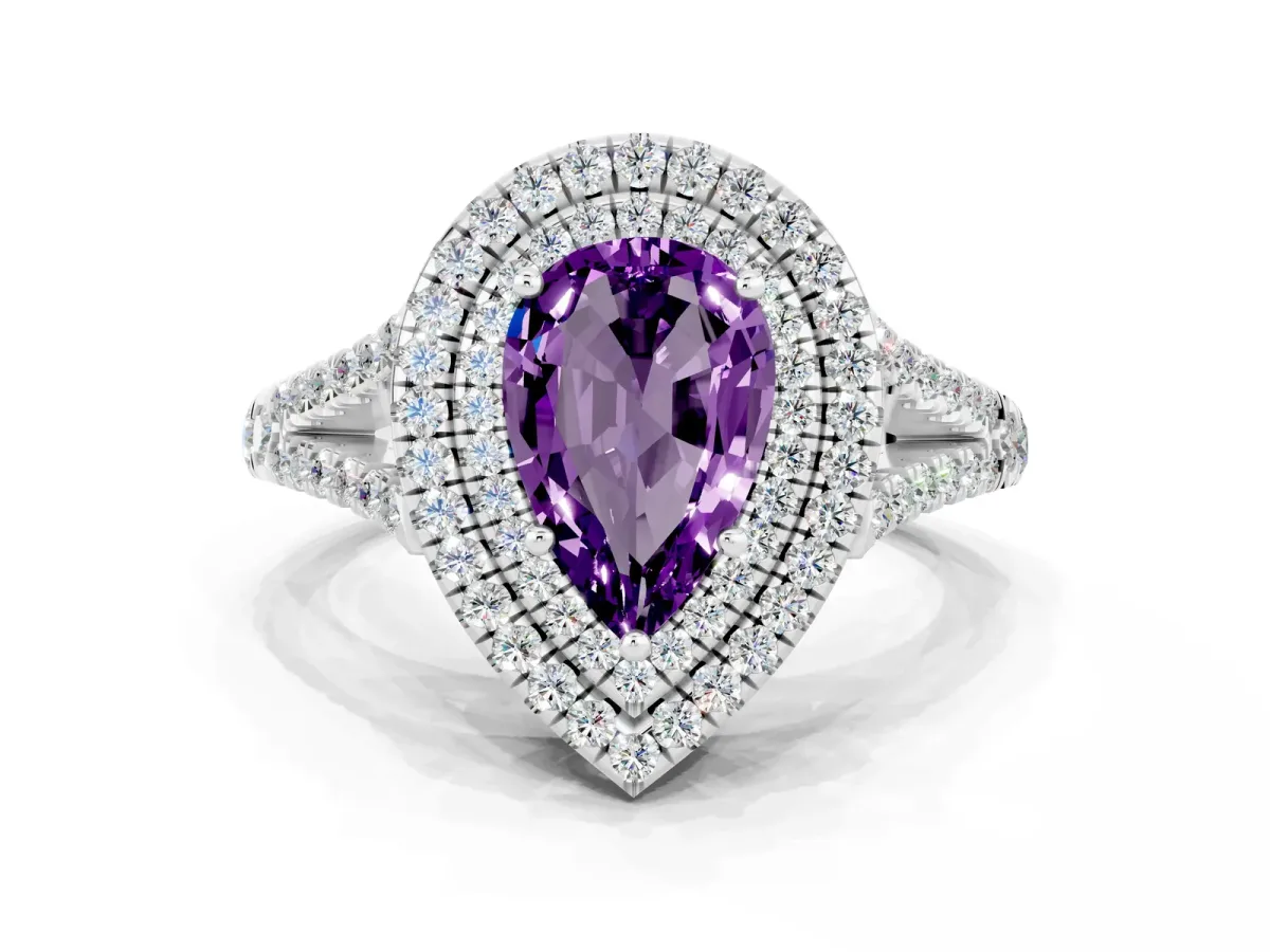 Pear Cut Amethyst Double Halo Ring with Pavé Band and Prong Setting Silver