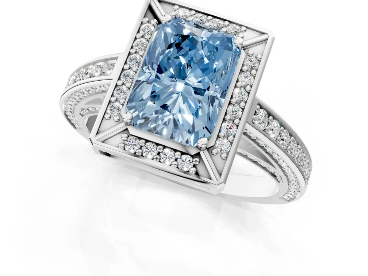 Fancy Blue Radiant Cut Cut Halo Pave Split Shank Prong Setting Ring Platinum