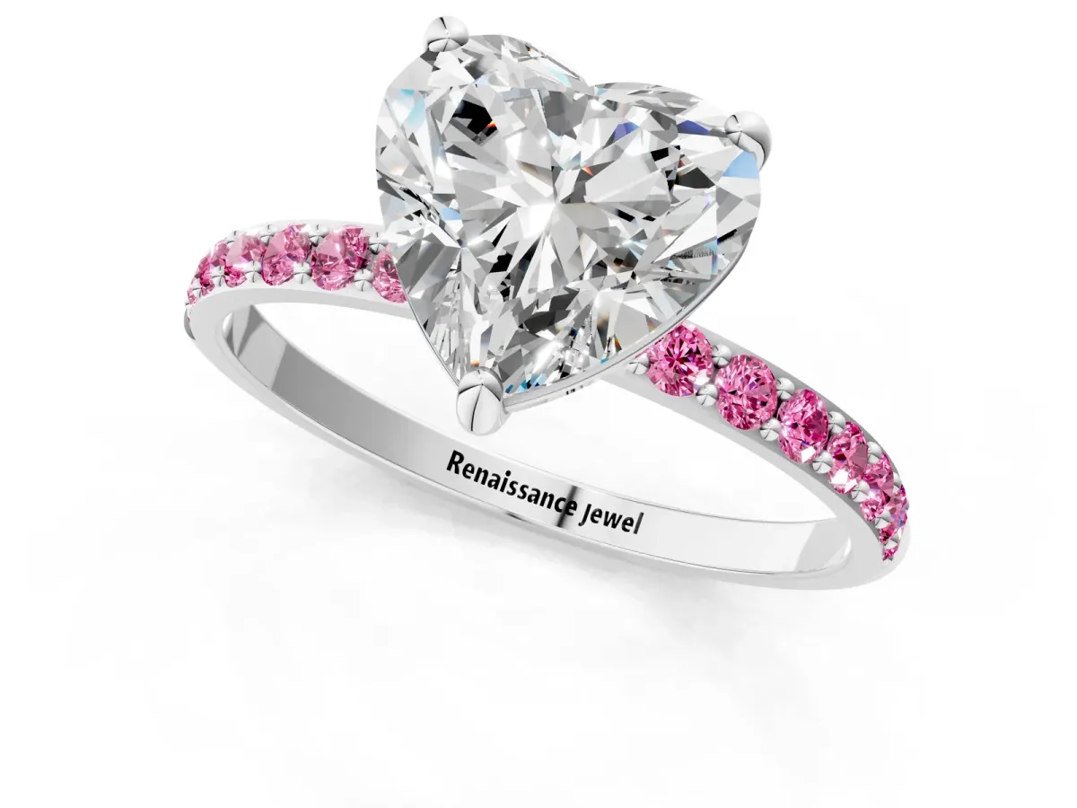 Heart Cut Diamond Solitaire Ring with Round Pink Sapphire Pavé Band and Prong Setting White gold