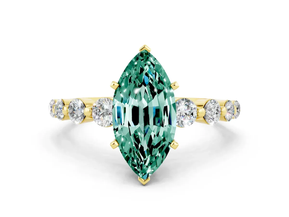 Marquise Cut Solitaire Green Sapphire Ring with Pave Band and Four-Prong Setting Yellow gold