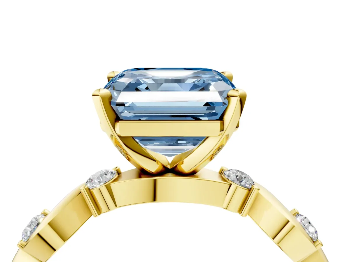 Fancy Blue Asscher Cut Diamond Solitaire Twisted Band with Round Accents and Prong Setting Yellow gold