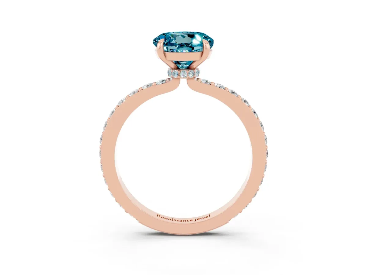 Round Cut Blue Topaz Solitaire Engagement Ring with Pavé Band and Four-Prong Setting Rose gold