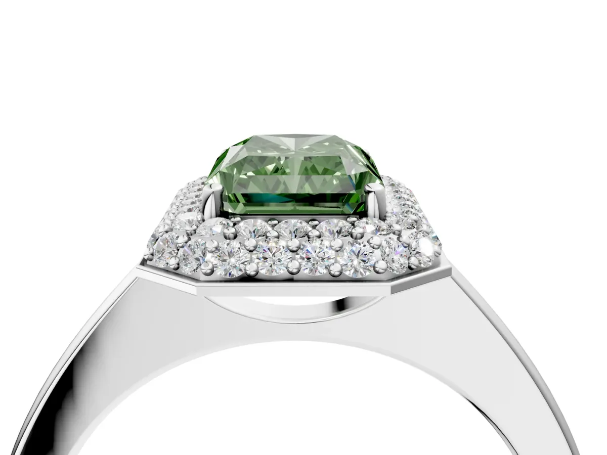 Fancy Green Radiant Cut Halo Diamond Engagement Ring with Solitaire Band and Four-Prong Setting Platinum