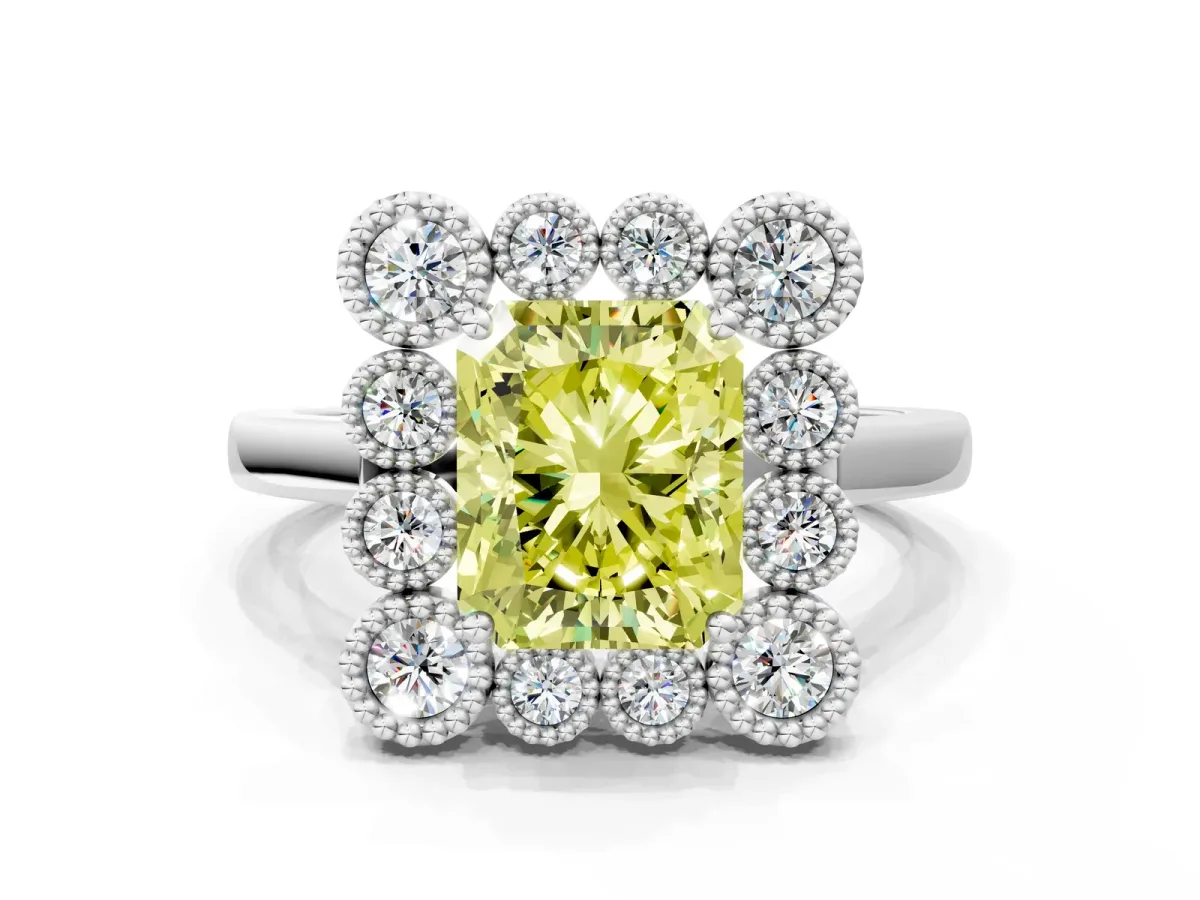 Fancy Yellow Radiant Cut Halo Diamond Cluster Engagement Ring with Milgrain Bezel Setting and Solitaire Band Platinum