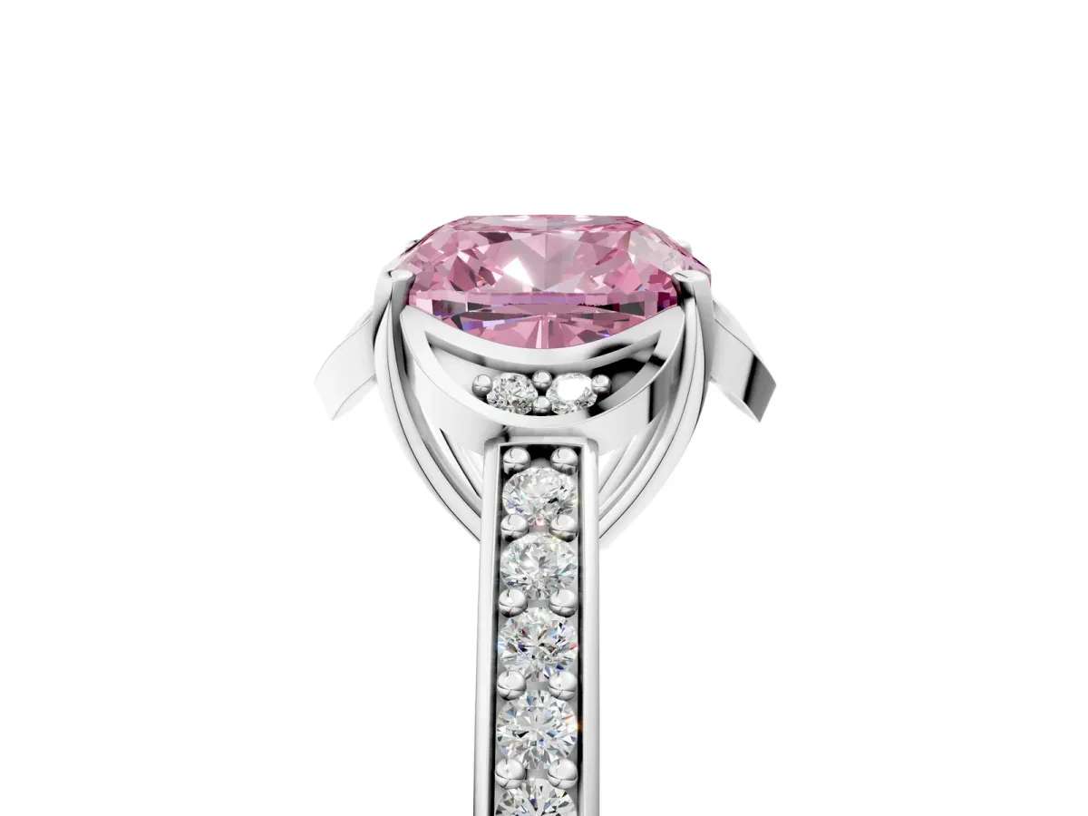 Fancy Pink Cushion Cut Cut Halo Diamond Ring with Channel Set Band and Four-Prong Setting White gold