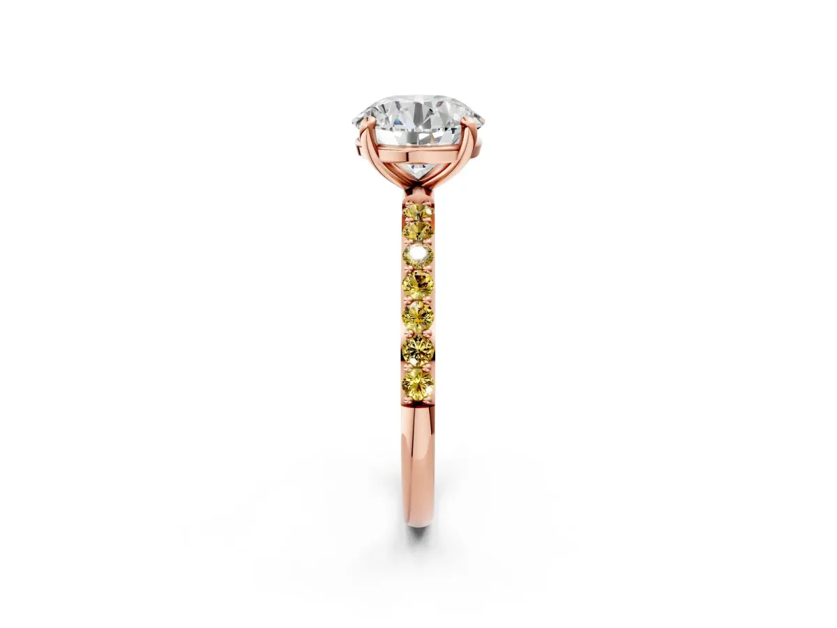Round Cut Diamond Solitaire Ring with Round Yellow Sapphire Pavé Band and Prong Setting Rose gold
