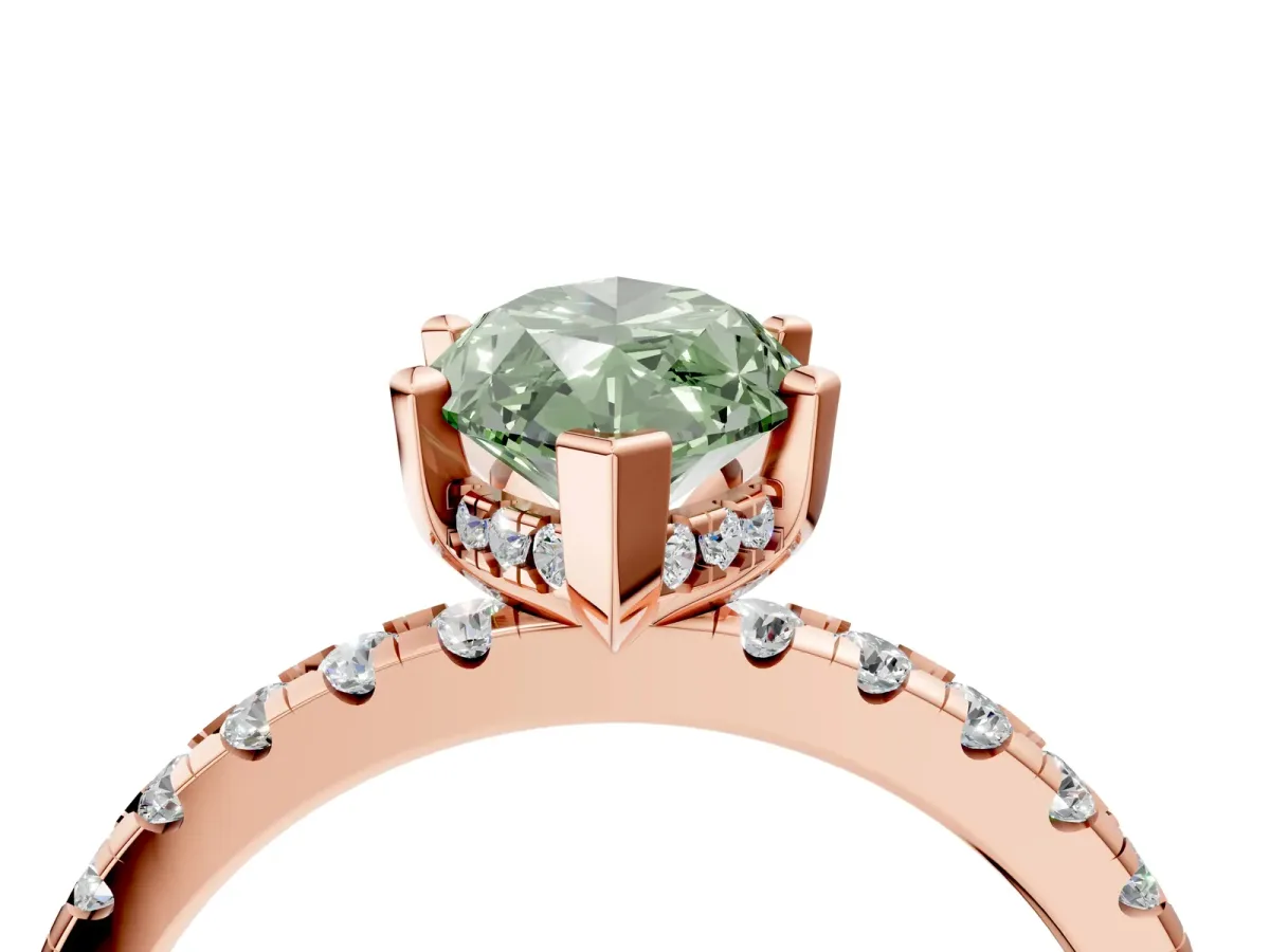 Fancy Green Marquise Cut Diamond Solitaire Ring with Round Pavé Band and Four-Prong Setting Rose gold