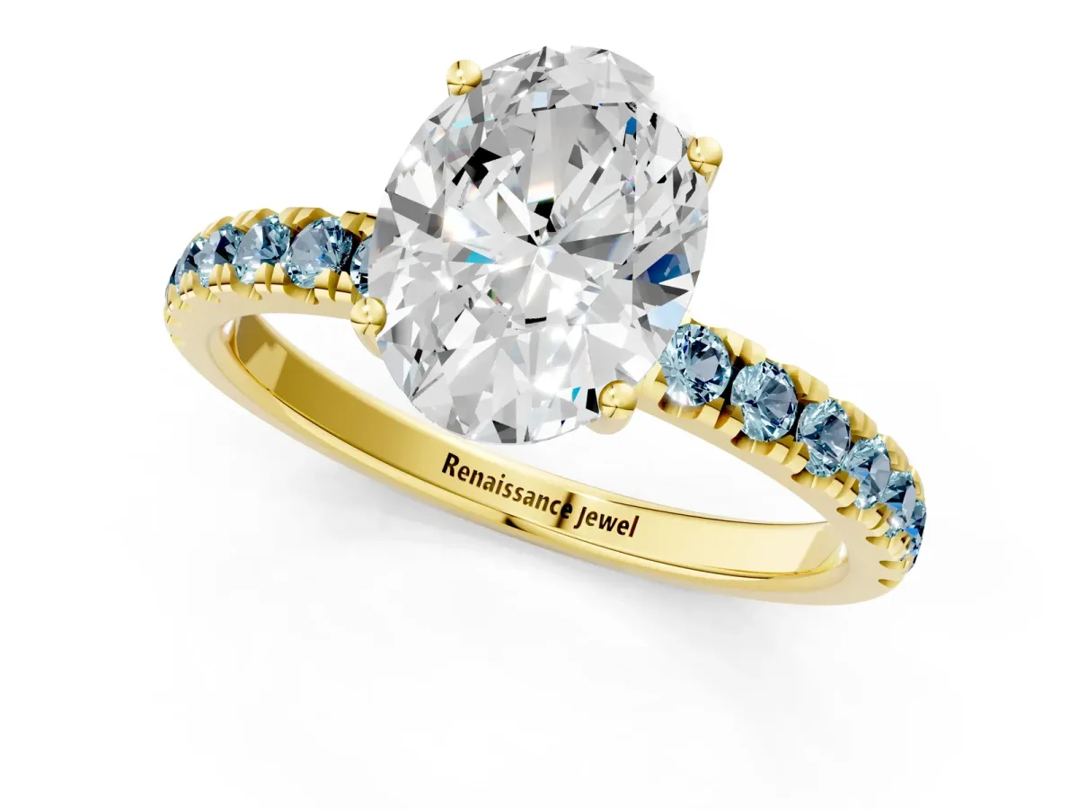 Oval Cut Diamond Pave Band Solitaire Ring with Round Aquamarine and Prong Setting Yellow gold