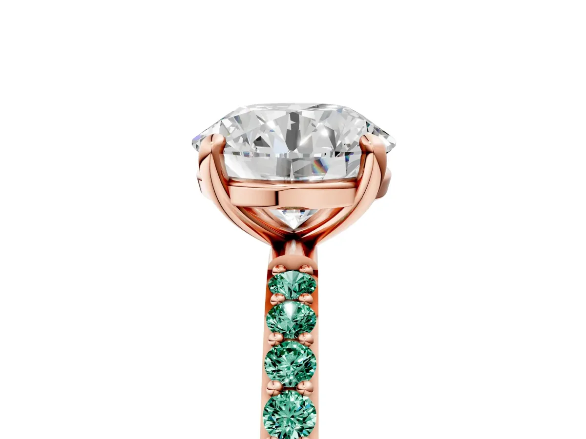 Round Cut Diamond Solitaire Ring with Round Green Sapphire Pavé Band and Prong Setting Rose gold