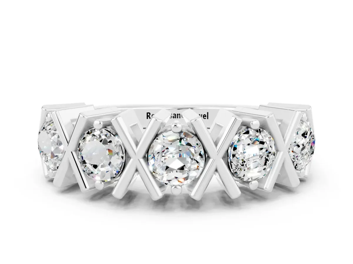 Round Moissanite Channel Set Band with X-Prong Detail White gold