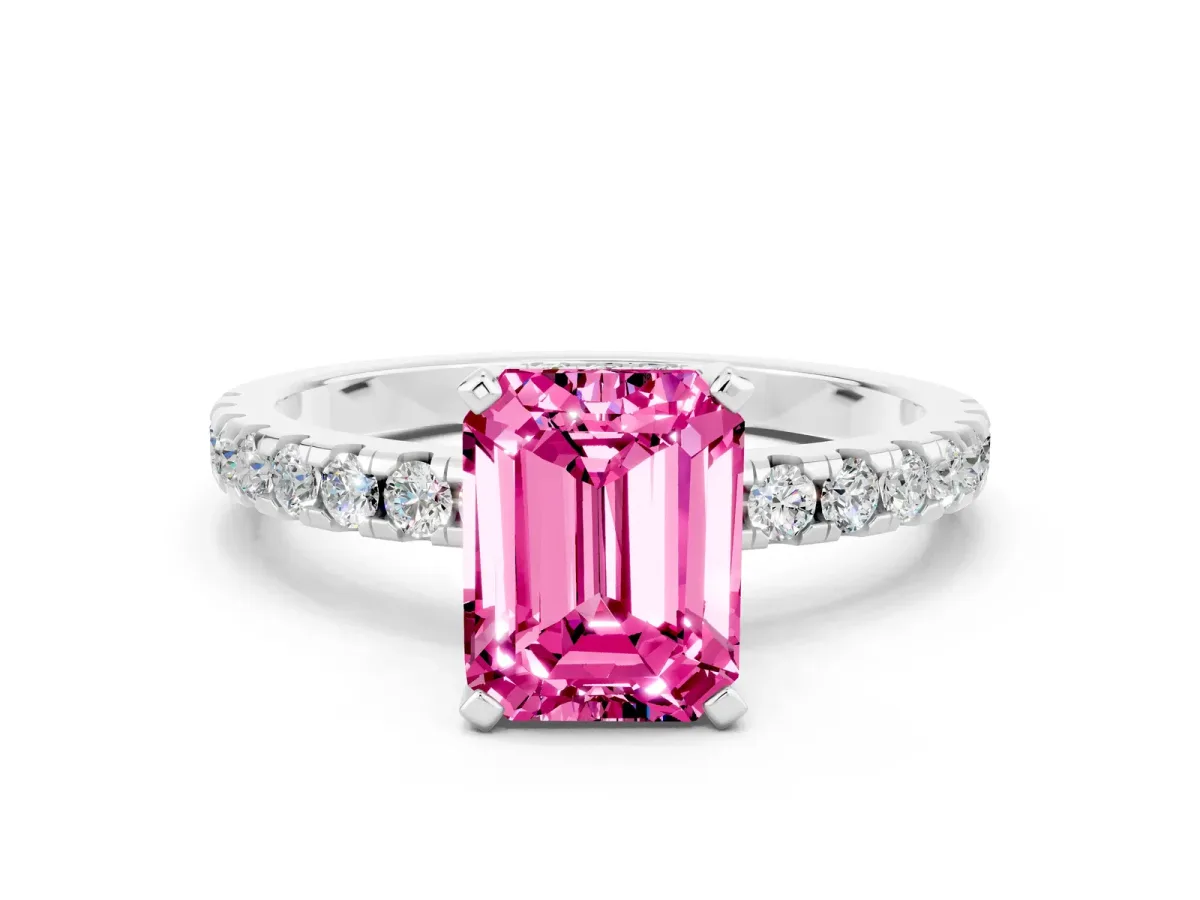 Emerald Cut Pink Sapphire Solitaire Ring with Round Pavé Band and Four-Prong Setting White gold