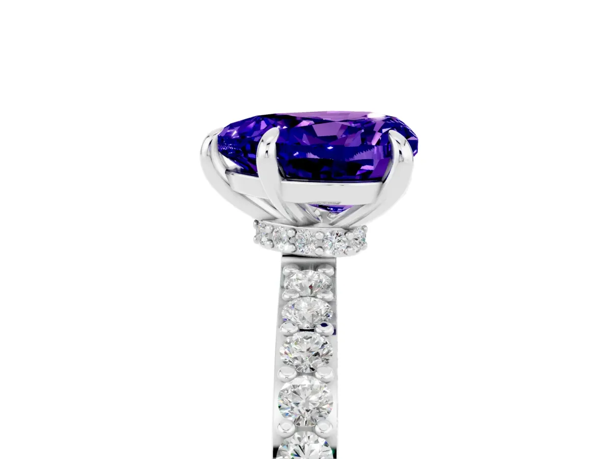 Heart Cut Tanzanite Solitaire Engagement Ring with Pavé Band and Four-Prong Setting White gold