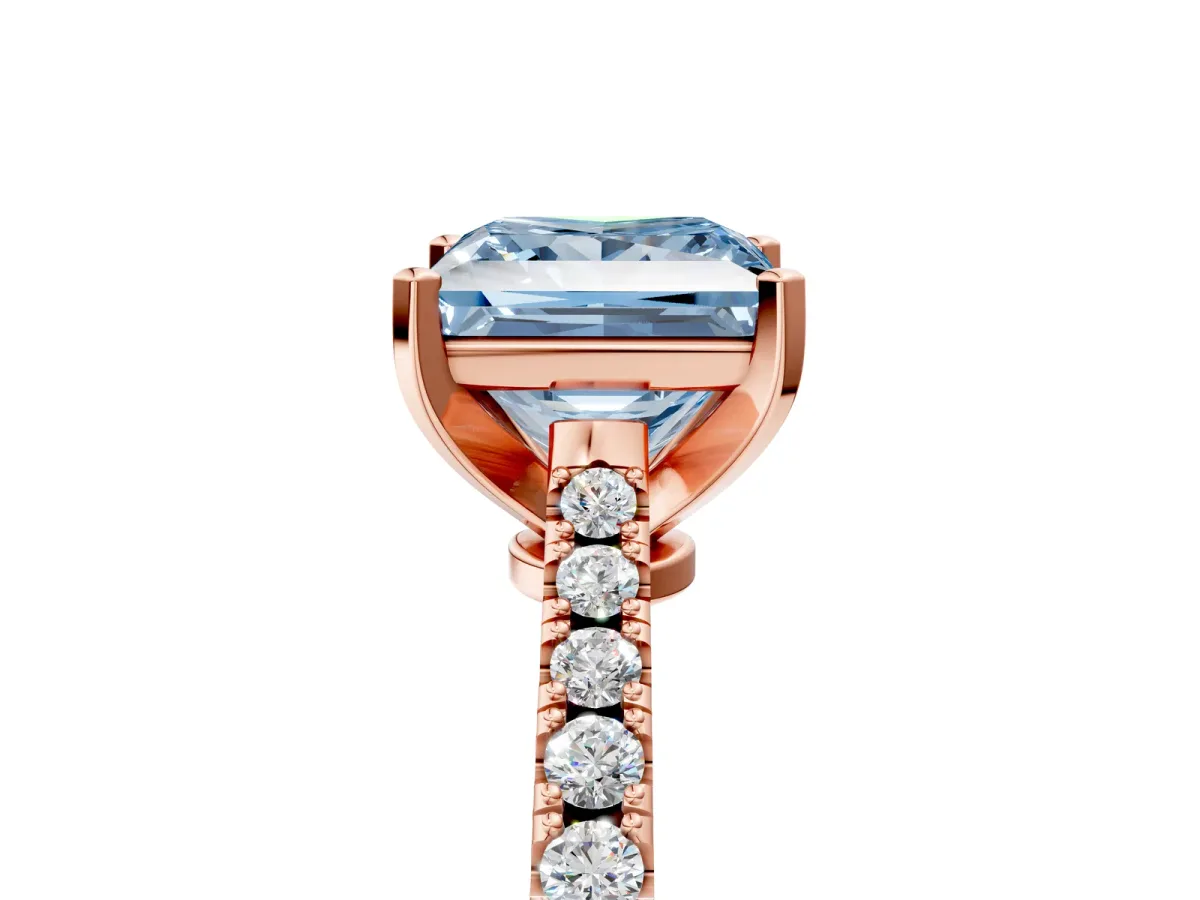 Fancy Blue Princess Cut Cut Solitaire Diamond Engagement Ring with Pave Band and Four-Prong Setting Rose gold