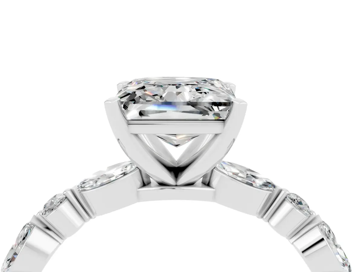 Princess Cut Moissanite Ring with Marquise and Round Side Stones and Four-Prong Setting White gold