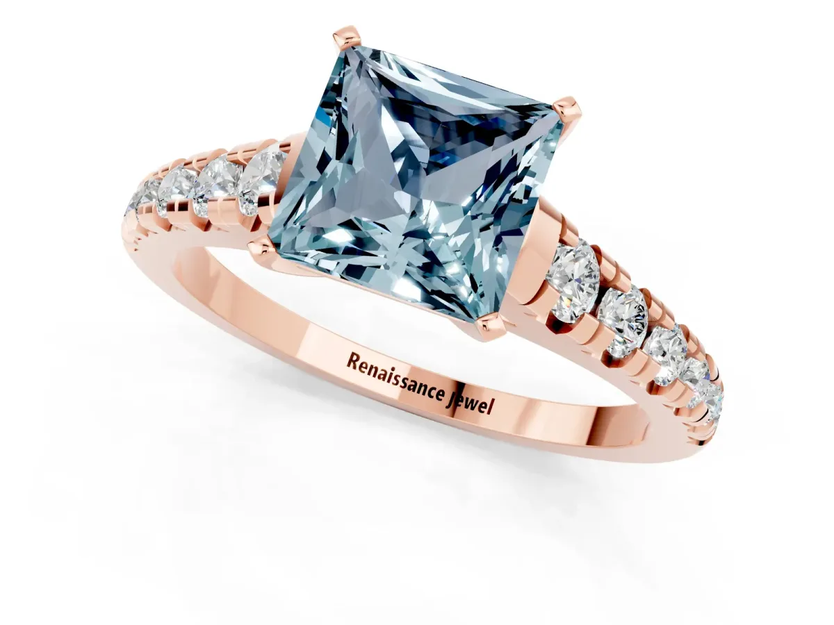 Princess Cut Aquamarine Cathedral Solitaire Ring with Round Pavé Band Rose gold