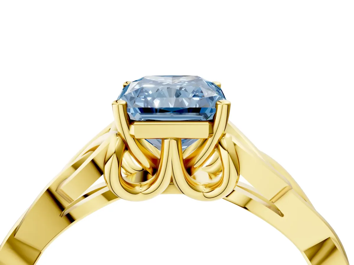 Fancy Blue Radiant Cut Diamond Solitaire Engagement Ring with Celtic Knot Band and Four-Prong Setting Yellow gold