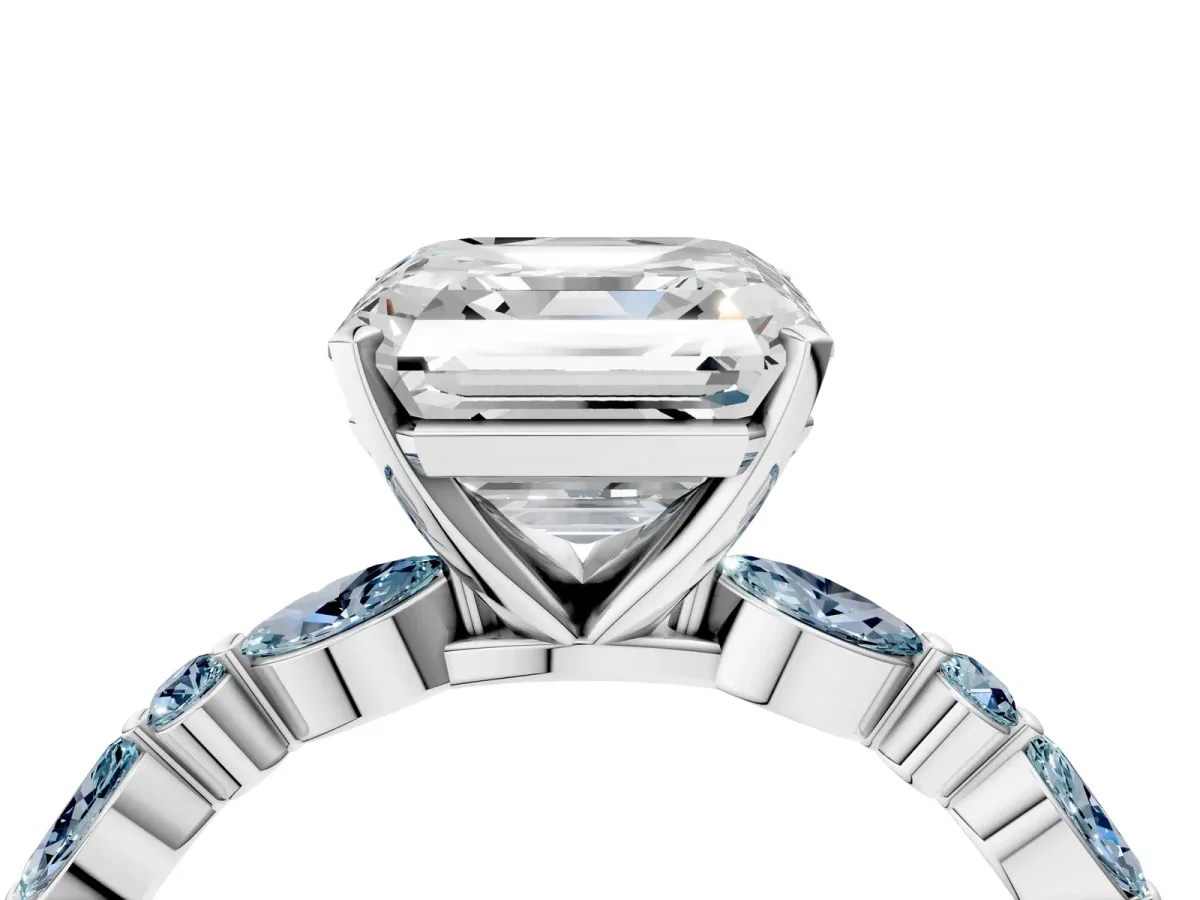 Asscher Cut Diamond Ring with Marquise and Round Aquamarine Side Stones and Four-Prong Setting Platinum