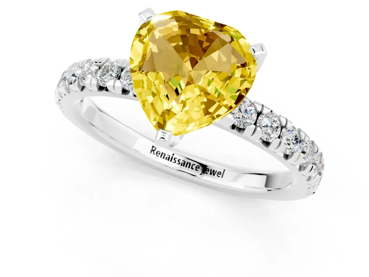 Heart Cut Yellow Sapphire Solitaire Pavé Engagement Ring with Round Band and Prong Setting Platinum