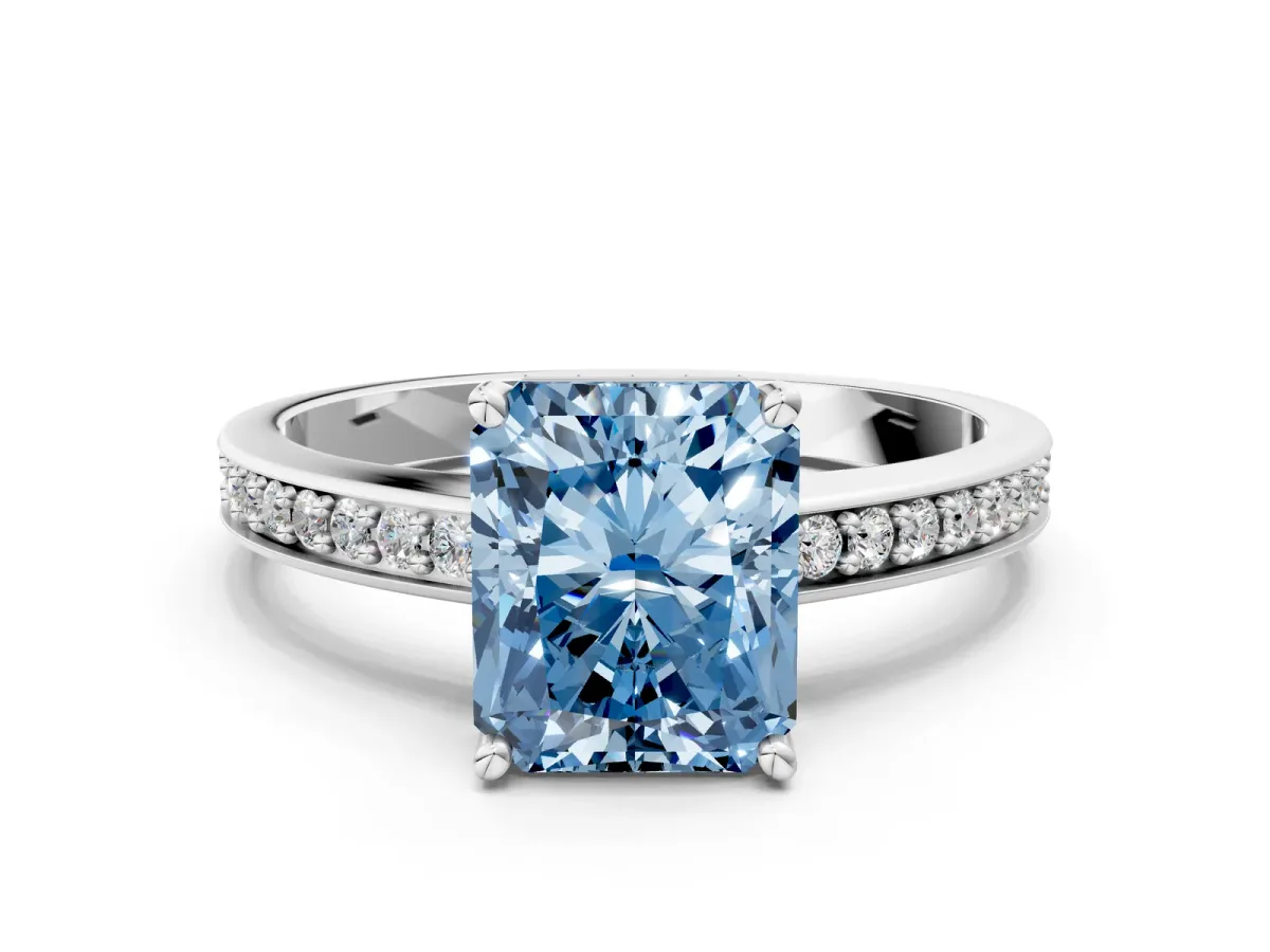 Fancy Blue Radiant Cut Solitaire Pavé Band Prong Setting Ring Platinum
