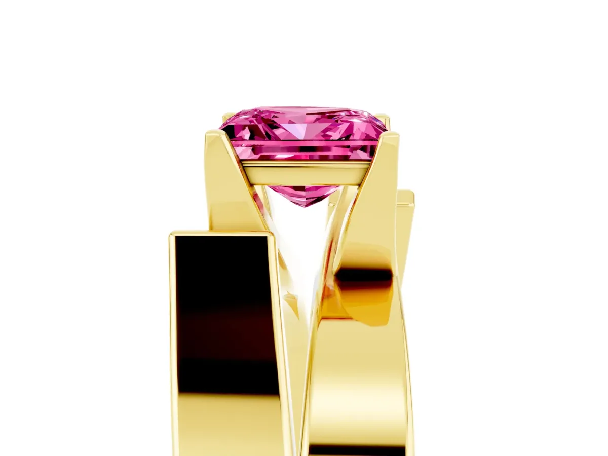 Modern Tension Set Princess Cut Pink Sapphire Solitaire Wide Band Ring Yellow gold