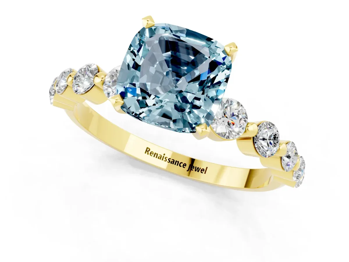 Cushion Cut Solitaire Aquamarine Ring with Pave Band and Four-Prong Setting Yellow gold