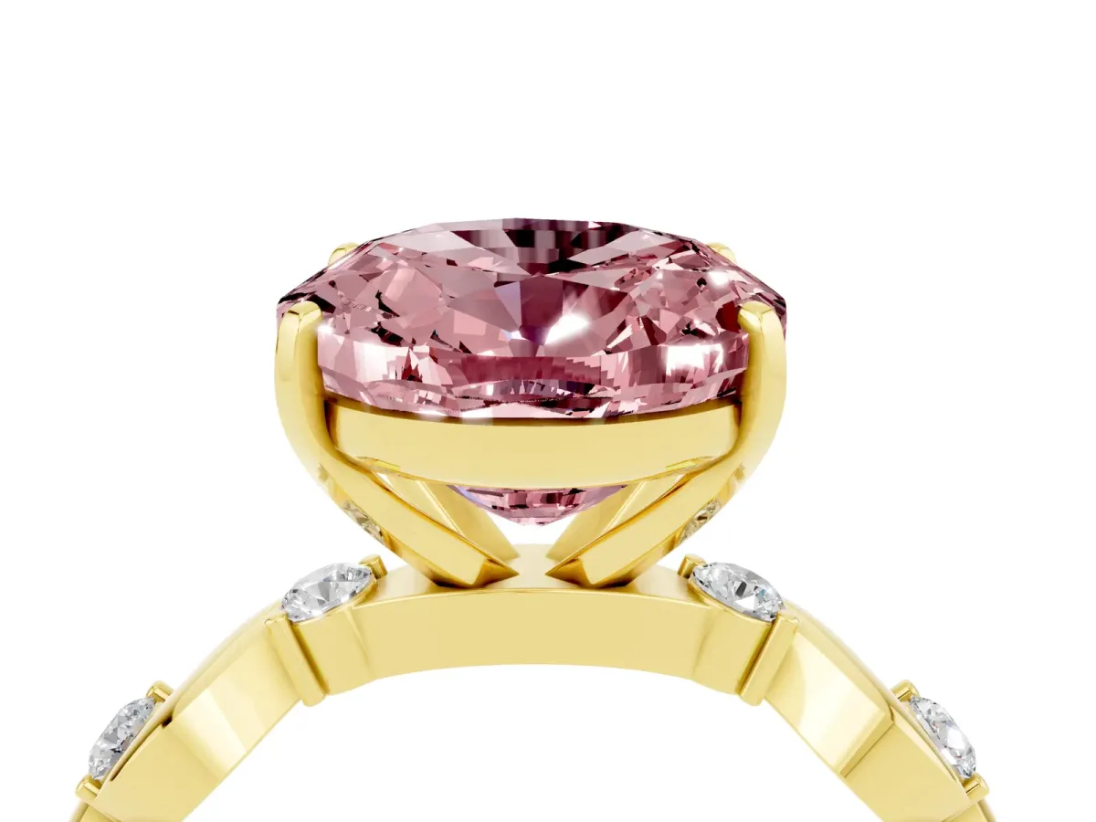 Oval Cut Morganite Solitaire Twisted Band with Round Accents and Prong Setting Yellow gold