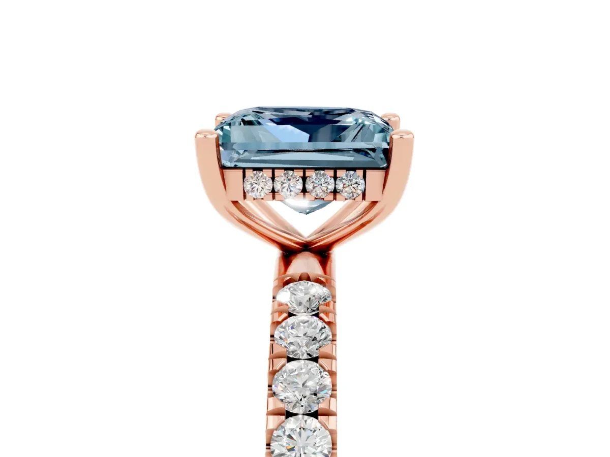 Princess Cut Aquamarine Pave Band Solitaire Ring with Round and Prong Setting Rose gold
