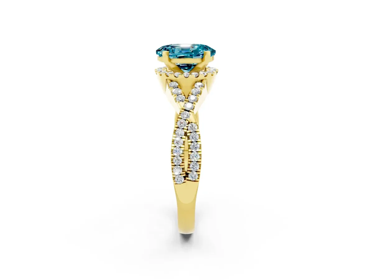 Oval Cut Blue Topaz Halo Twist Band Solitaire Prong Setting Ring Yellow gold