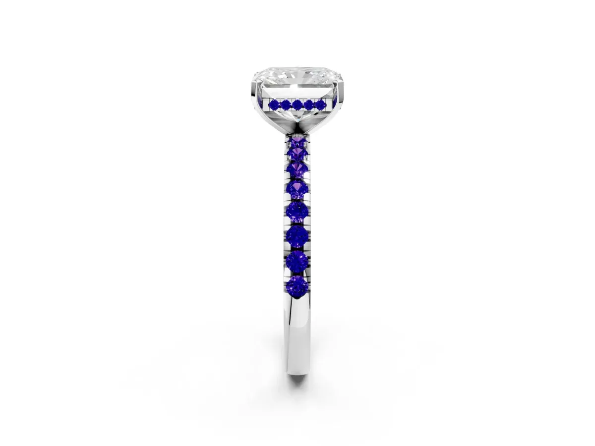 Radiant Cut Diamond Solitaire Ring with Round Tanzanite Pavé Band and Four-Prong Setting White gold