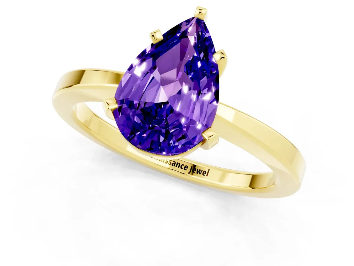 Pear Cut Tanzanite Solitaire Engagement Ring with Classic Band and Four-Prong Setting Yellow gold