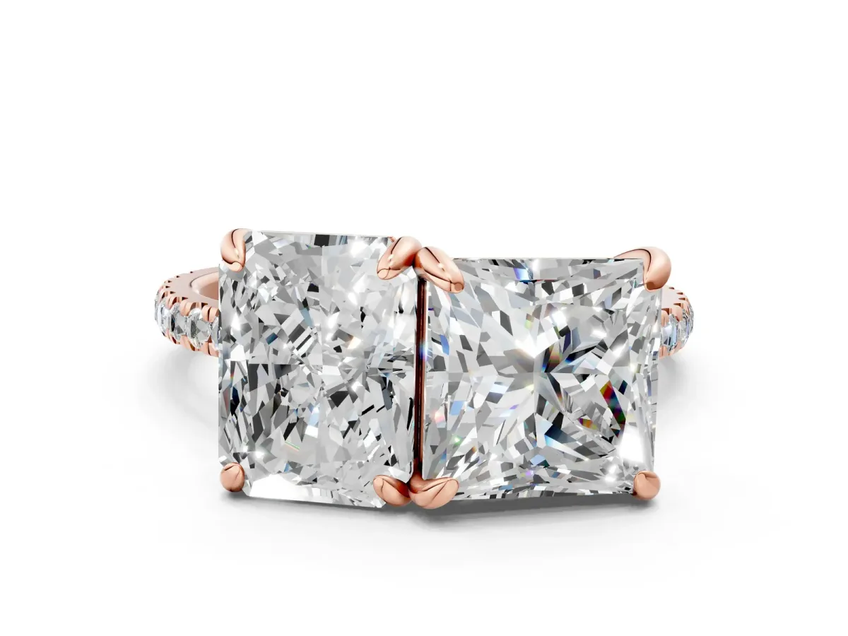 Radiant and Princess Toi Moi Ring with Prong Setting and Pave Band Rose gold