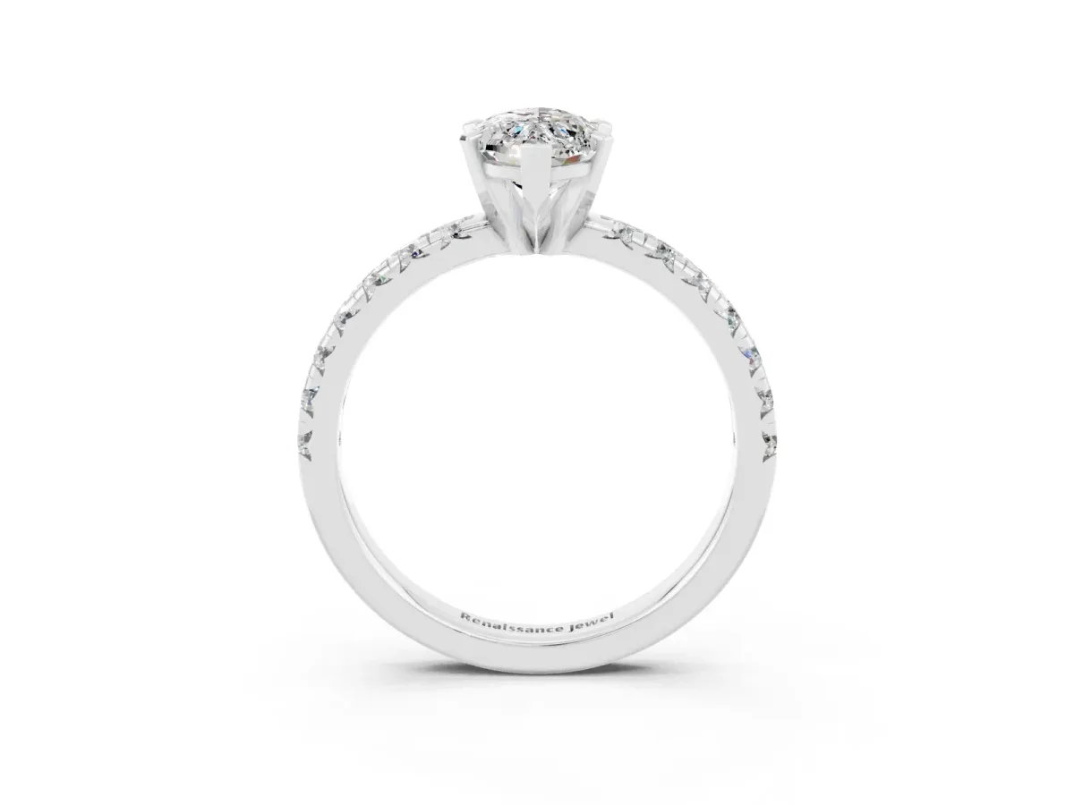 Marquise Cut Moissanite Solitaire Pavé Engagement Ring with Round Band and Prong Setting White gold